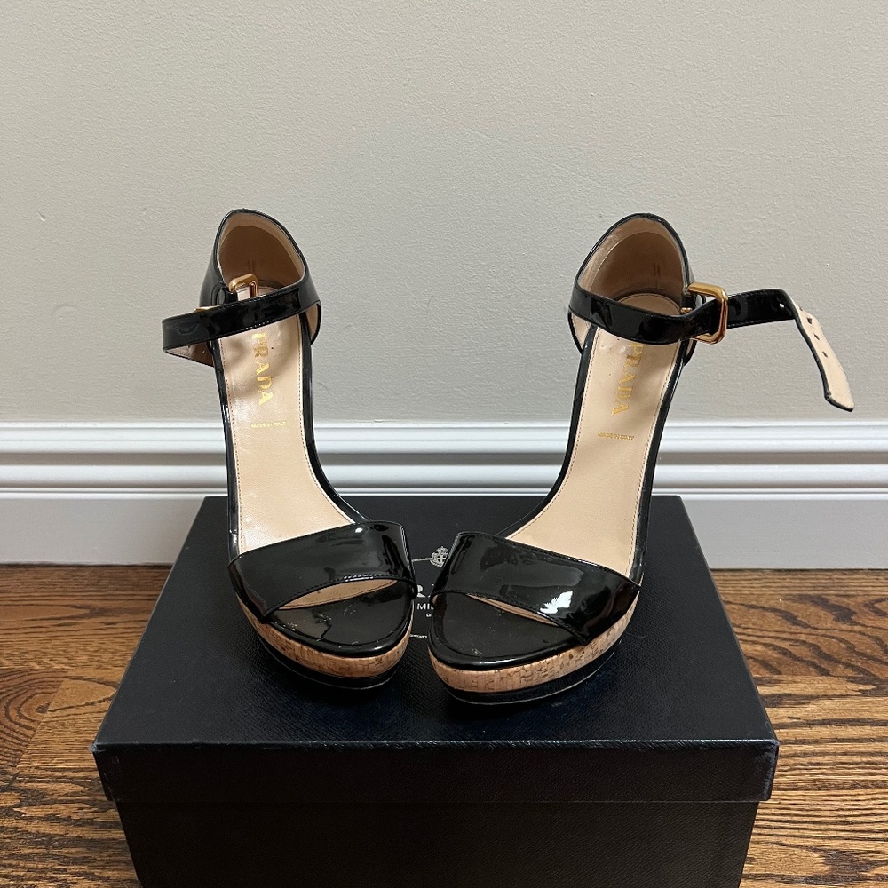 Prada - Black Patent Leather Cork Platform Size 38